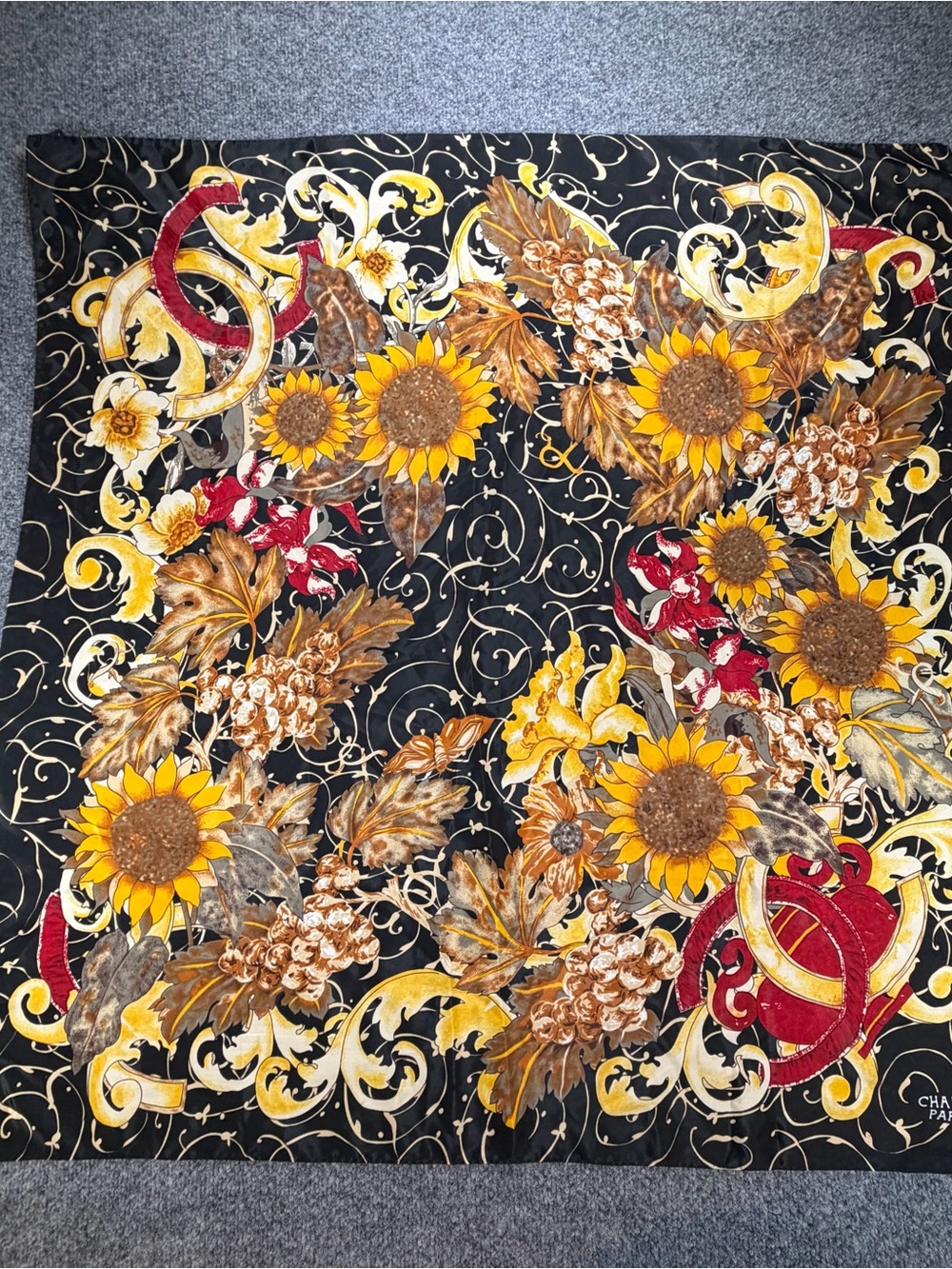 Chanel Sunflower Print Silk Scarf - Black, Yellow & Red- Vintage Hand Sewn Seems